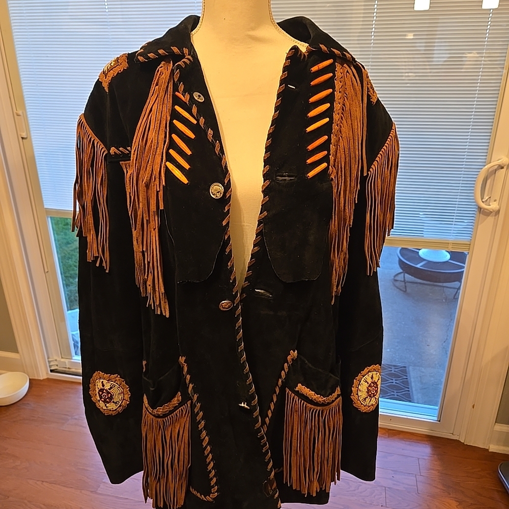 3B WEST Tansmith Suede Leather Fringe Beaded Native American Style Jacket Size M